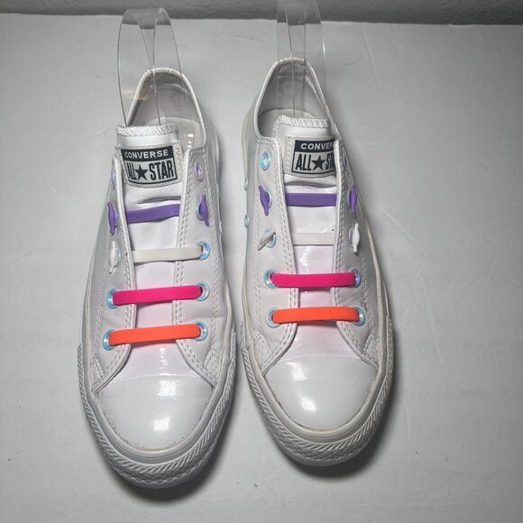Converse Chuck Taylor All Star White Low Top Sneakers Colorful Laces - Picture 3 of 9
